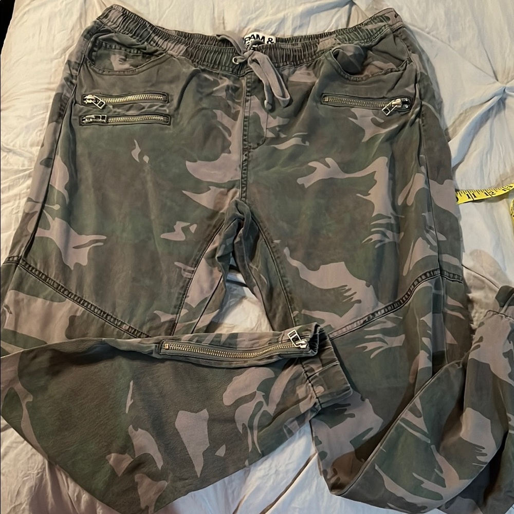 #838 PAM & GELA Olive Green Camouflage Print Track Joggers w Zipper Detailing